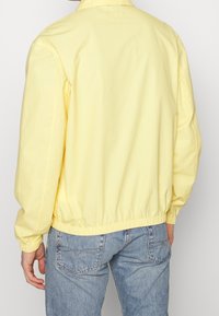 Gelbe Baumwolljacke mit einer lässigen Passform, elastischem Saum und Bündchen. Die Rückseite hat ein einfaches, schmuckloses Design. Kombiniert mit hellblauen Jeans.