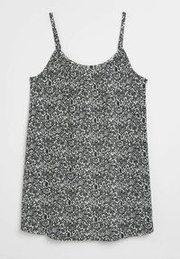 Musta-valkoinen kukkakuosiset toppi, joka sisältää ohuet olkaimet, rypistetyn kaula-aukon ja rentoa, kokoontuvaa muotoilua.