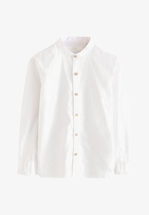 Balta ilgomis rankovėmis marškiniai su juostine apykakle ir šešiais matomais apvaliais mygtukais priekyje, pagaminti iš lengvos medžiagos.