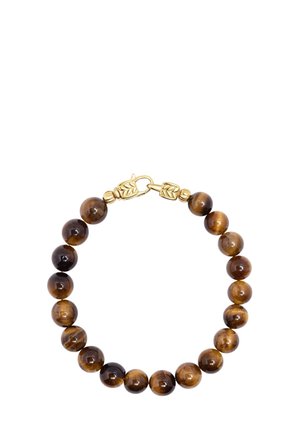 Armbånd med tigerøjeperler bestående af runde, polerede brune og gyldne perler med en guldfarvet lås og detaljer i form af blade.