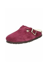 Burgundské semišové dřeváky s zaoblenou špičkou a nastavitelnou kovovou přezkou. Podšité měkkým materiálem a s texturovanou gumovou podrážkou.