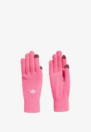 Guanti a maglia rosa con polsini a coste, caratterizzati da un accento con logo bianco e dettagli marroni sulle punte delle dita per la compatibilità con il touchscreen.