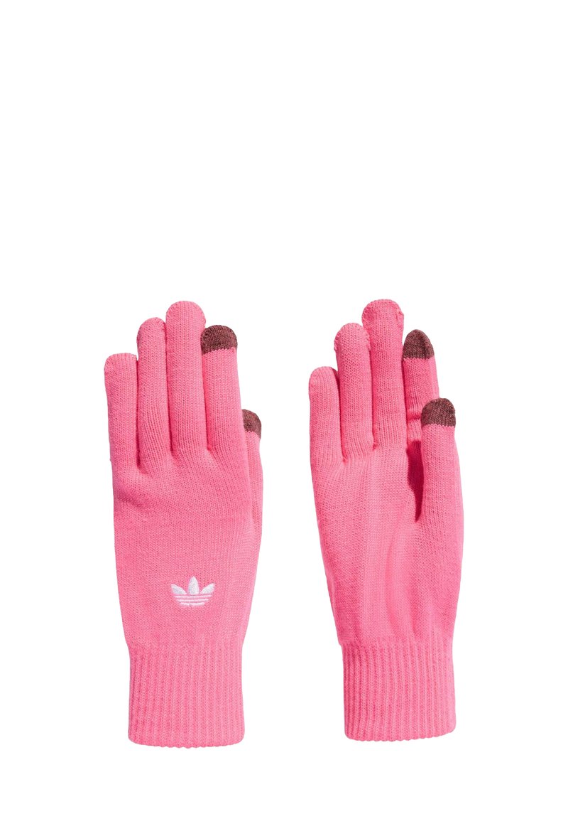 Lyserøde strikkede handsker med ribbede mansjetter, der har et hvidt logo og brune fingerspidser til touchscreen-kompatibilitet.