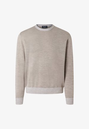 Beige gebreide trui met geribbelde manchetten, zoom en kraag, voorzien van een ronde halslijn en een Maerz merklabel aan de binnenkant van de kraag.