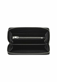 Czarny portfel ze skóry z zamknięciem na zamek, wyposażony w wiele przegródek na karty, dwie przegrody oraz kieszeń z zamkiem wewnątrz.