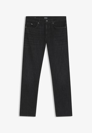 Czarne jeansy o prostych nogawkach z pięcioma kieszeniami i zapięciem na guzik, z małymi logo "BOSS" na pasie i przedniej kieszeni.