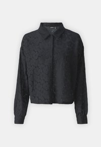 Camisa preta de manga curta com textura de renda. Apresenta um colarinho e punhos, e um design cropped; leve e semi-transparente.