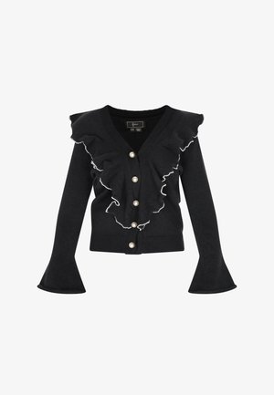 Sort cardigan med flæser, perleknapper og udvidede ærmer. Strikket stof med en blød tekstur; har en V-udskæring.