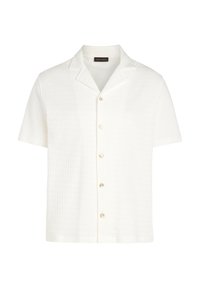 Camicia bianca a maniche corte realizzata in tessuto texturizzato, con colletto scollato e chiusura a bottoni, adornata da cinque bottoni simili a perle.