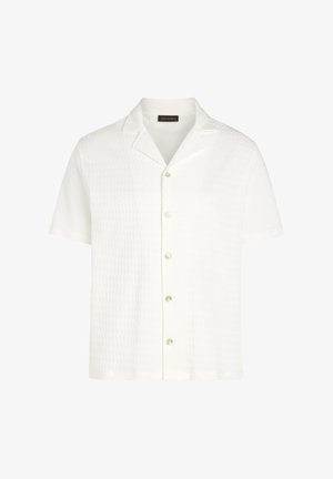 Camicia bianca a maniche corte realizzata in tessuto texturizzato, con colletto scollato e chiusura a bottoni, adornata da cinque bottoni simili a perle.