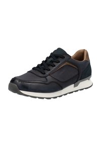 Navy leather sneaker with mesh accents, contrasting brown detailing, textured surface, rounded toe, and white rubber sole.