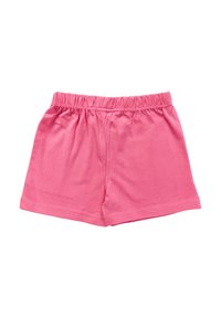 Vaaleanpunaiset puuvillaiset joustovyötäröshortsit asetettuna litteäksi, näyttäen etupuolen, jossa on näkyvät saumat ja rypytetty vyötärö.