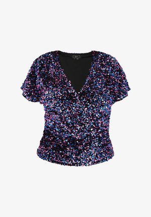 Haut à manches courtes et décolleté en V recouvert de sequins irisants violets, bleus et roses. Tissu noir doux en dessous, design froncé à la taille.