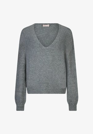 Pelēks V veida kakla džemperis ar garām piedurknēm, izgatavots no teksturēta adījuma auduma ar smalkiem metāliskiem spīdumiem. Ribota apakšdaļa un piedurknes.