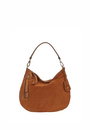 Brown suede shoulder bag with zipper pockets, single strap, and small attached tag on a white background.