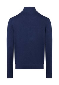 Marineblauw sweater met een hoge kraag, lange mouwen, ribgebreide manchetten en onderrand. Gladde textuur, eenvoudig ontwerp, geen zichtbare patronen of hardware.