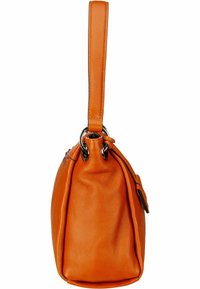 Orange Lederhandtasche mit runder Form, einem kurzen Griff und silbernen Hardware-Akzenten. Weiche Textur mit sichtbaren Nähdetails.