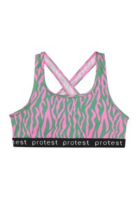 Reggiseno sportivo con una base verde, caratterizzato da strisce ondulate rosa. Fascetta elastica nera con il testo "protesta". Design incrociato sulla schiena, materiale elastico.