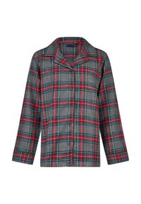 Geruit flanellen overhemd in grijs, met rode, blauwe en gele lijnen. Ontwerp met kraag, knopen aan de voorkant en lange mouwen.