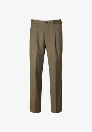 Brown tailored trousers made of textured fabric, featuring a flat front, two pleats, and a straight leg cut. Accompanied by a black button closure.