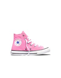 Rosa Converse sneaker med hög  överdel, vita skosnören, svartvit gummisula och Converse All Star-logotyp på ankeln.