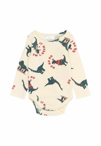 Dugi rukav kremasti bodi s uzorkom dinosaura u tamnozelenoj i crvenoj boji. Rebrasta tekstura, kopčanje na dnu, blagdanska tema.