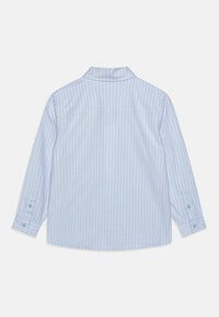 Camicia azzurra chiara con righe verticali rosa chiaro, maniche lunghe e colletto classico. Presenta polsini con bottone e orlo dritto.