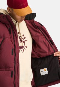 Chaqueta acolchada burdeos con detalles en negro, que presenta un cierre con cremallera y un bolsillo interior de malla. Lleva puesta sobre una sudadera crema con un logo impreso.
