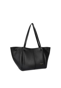 Sac fourre-tout en cuir noir avec deux longues poignées, une finition texturée, deux accents circulaires et un logo doré au centre en bas.