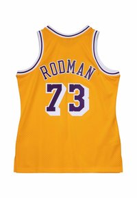 Maillot de basketball jaune avec des accents violets, en tissu en maille, col rond, et le nom "RODMAN" avec le numéro "73" au dos.