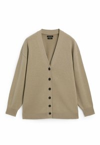 Beige cardigan with a V-neck, long sleeves, and a button front. Features black buttons, ribbed cuffs and hem, and a soft texture.
