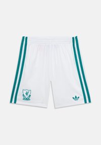 Bele kratke nogometne hlače v beli barvi z teal tri-stripsko zasnovo, elastičnim pasom in logotipi Liverpool FC in Adidas. Gladka tekstura.