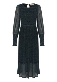 Lång, mörkgrön klänning med genomskinliga långärmar och rynkad byst. Har en rund halsringning och detalj med nyckelhål i ryggen. Mjuk, flödande tyg.