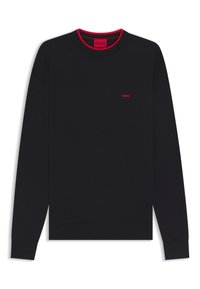 Maglione nero a maniche lunghe con colletto rotondo, caratterizzato da un accento rosso nel colletto e un piccolo logo rosso sul petto. Texture morbida e liscia.