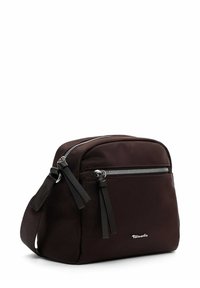 Brown fabric crossbody bag with a silver zipper, two zipper pulls, and a small logo on the front. Compact rectangular shape. Smooth texture.