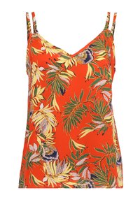 Röd ärmlös topp med tunna band, prydd med ett tropiskt bladmönster i grönt och gult. Tillverkad av lätt och slätt tyg.