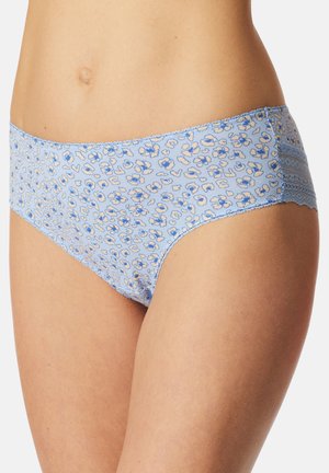 Blauer Slip mit Muster, das Blumen- und Leopardenmotive sowie Spitzendetails kombiniert. Weiches Baumwollmaterial mit glatter Textur und elastischer Passform.