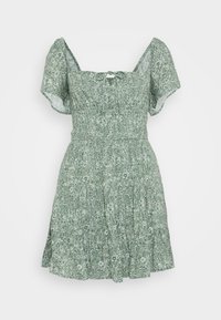 Grünes Blumenkleid mit kurzen Puffärmeln, einem quadratischen Ausschnitt und einem taillierten Oberteil. Der Rock ist gestuft mit einem ausgestellt geschnittenen Saum.