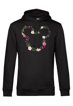 Sort hættejakke med et blomsterm�ønster formet som et Mickey Mouse-hoved, med pink og hvide blomster samt grønne blade.