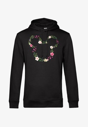 Sort hættejakke med et blomstermønster formet som et Mickey Mouse-hoved, med pink og hvide blomster samt grønne blade.