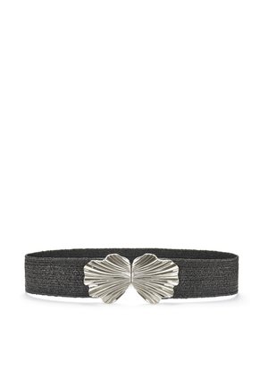 Black textured belt with a shiny silver clasp shaped like two stylized, ribbed ginkgo leaves meeting in the center.