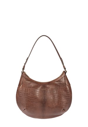 Brown crocodile-embossed leather bag with a curved shape, a single shoulder strap, and a zippered top closure. Subtle logo detail on front.