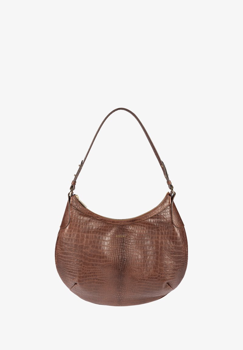 Sac en cuir marron à motif crocodile, de forme incurvée, avec une bandoulière simple et une fermeture éclair sur le dessus. Détail subtil du logo à l'avant.