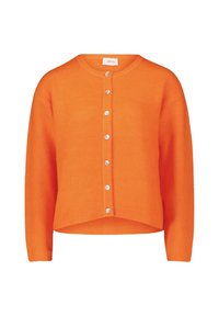 Ljusorange långärmad croppad cardigan med rund halsringning och sju framknappar i silver.