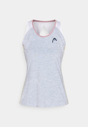 Maiou sport gri cu margini roz deschis, cu design racerback și un mic logo pe partea din față. Confecționat dintr-un material texturat.