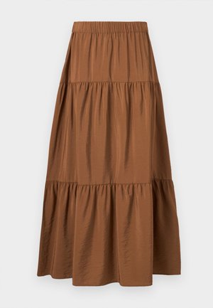 Brown tiered midi skirt with elastic waistband and a slightly shiny, textured fabric on a white background.