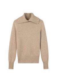 Pull en tricot beige avec col large en côtes à rabat, manches longues et poignets et ourlet en côtes.