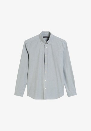 Jasnoniebieska koszula z długim rękawem z kołnierzykiem zapinanym na guziki, z delikatnym wzorem w krateczkę i białymi guzikami z przodu.