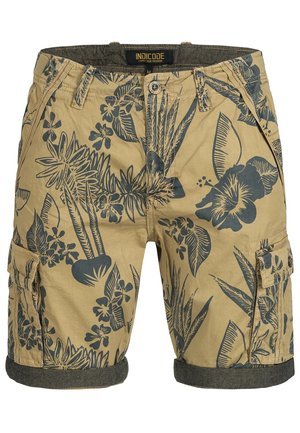 Beige Cargo-Shorts mit dunkelblauem floralen Muster, aus Baumwolle gefertigt. Mit mehreren Taschen, umgeschlagenen Säumen und einem stabilen Bund.