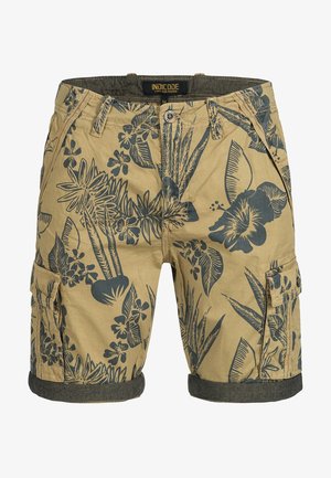 Beige cargo shorts med mørkeblå blomsterprint, lavet af bomuld. Har flere lommer, optrukne ærmer og en robust talje.